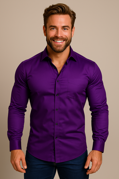 Slim Fit Solid Single Pocket Point Collar Button Down Shirt