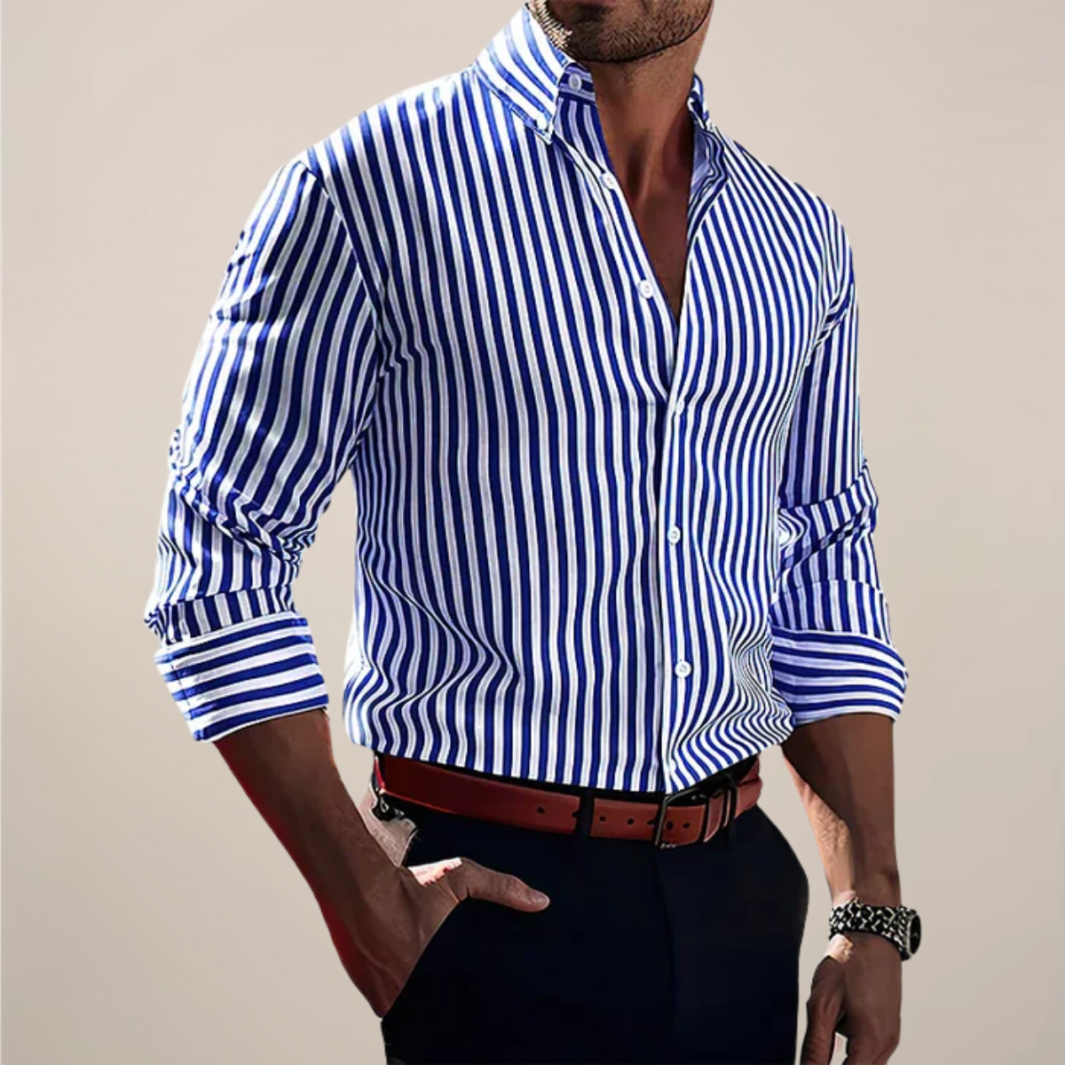 Striped Button Front Long Sleeve Cuff Shirt
