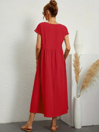 Gathered Round Short Loose Solid Midi Dress