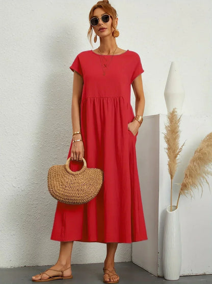 Gathered Round Short Loose Solid Midi Dress