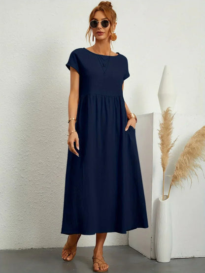 Gathered Round Short Loose Solid Midi Dress