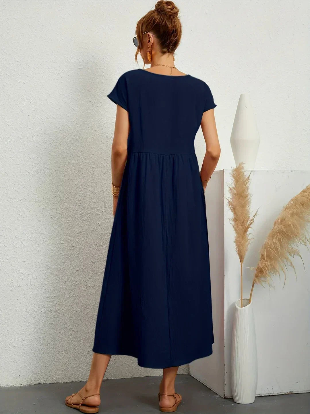 Gathered Round Short Loose Solid Midi Dress