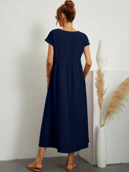 Gathered Round Short Loose Solid Midi Dress