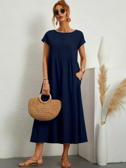 Gathered Round Short Loose Solid Midi Dress
