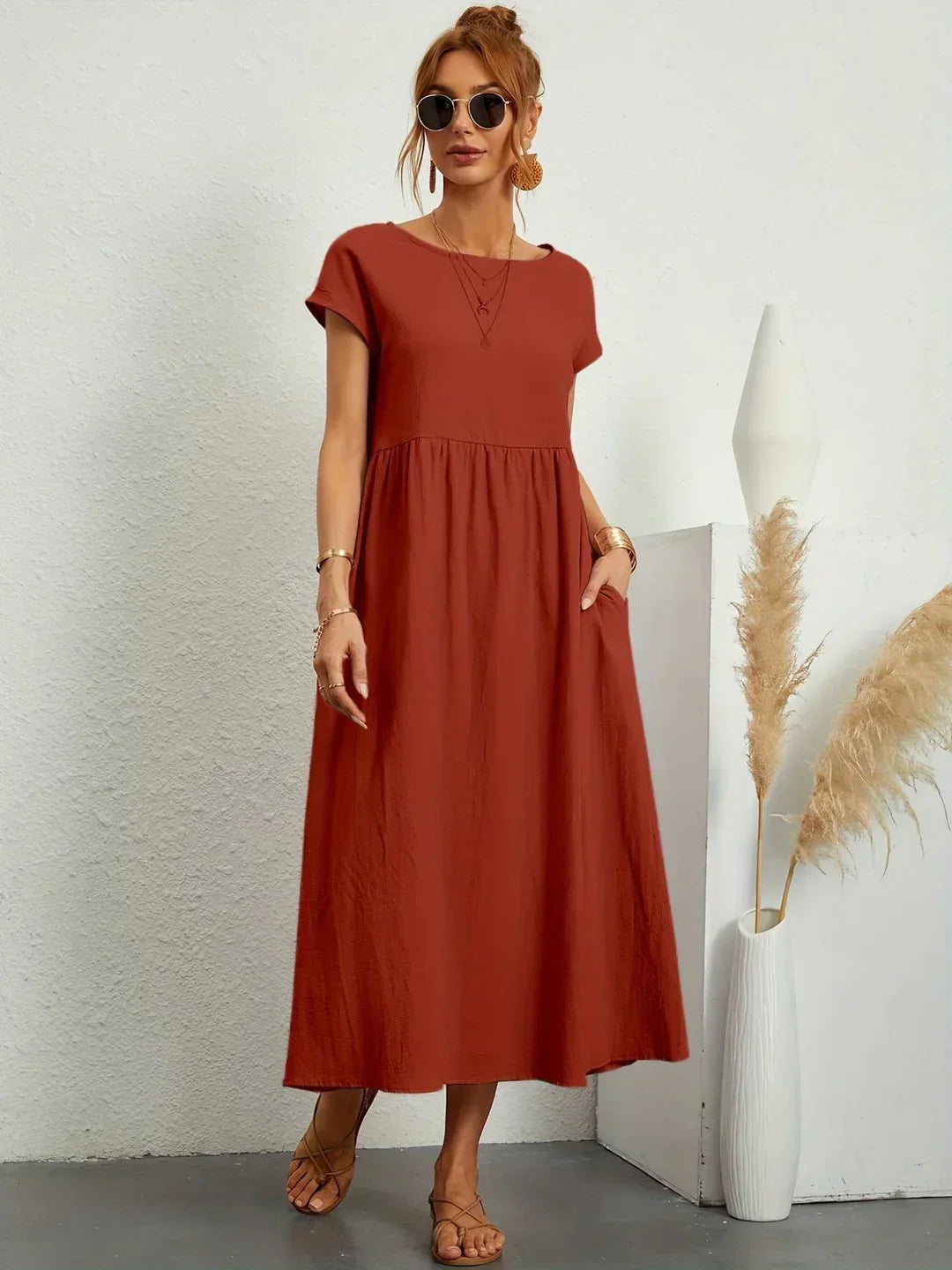 Gathered Round Short Loose Solid Midi Dress