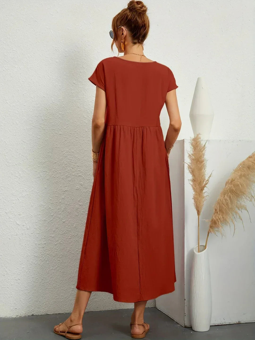 Gathered Round Short Loose Solid Midi Dress