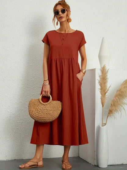 Gathered Round Short Loose Solid Midi Dress