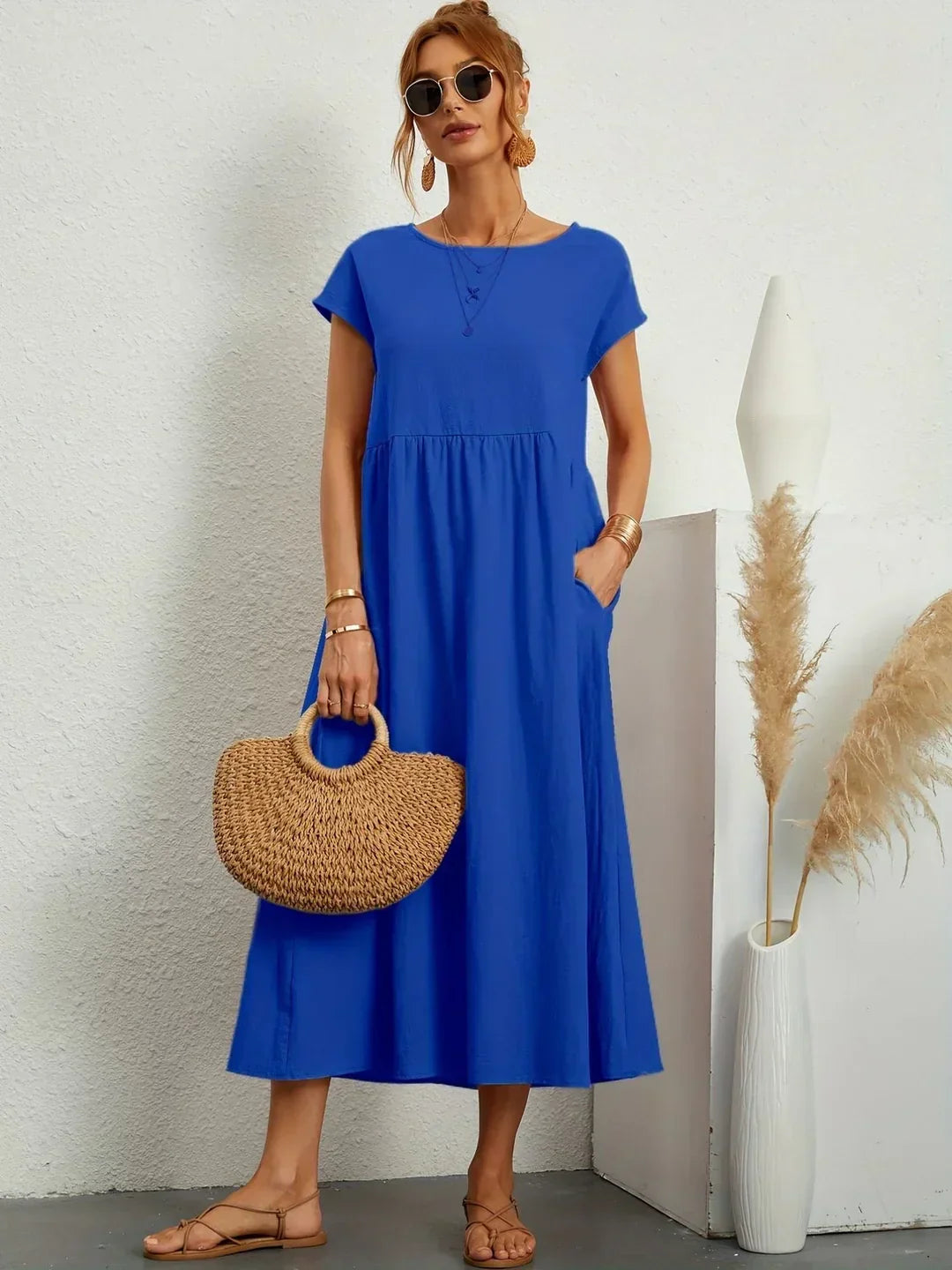 Gathered Round Short Loose Solid Midi Dress