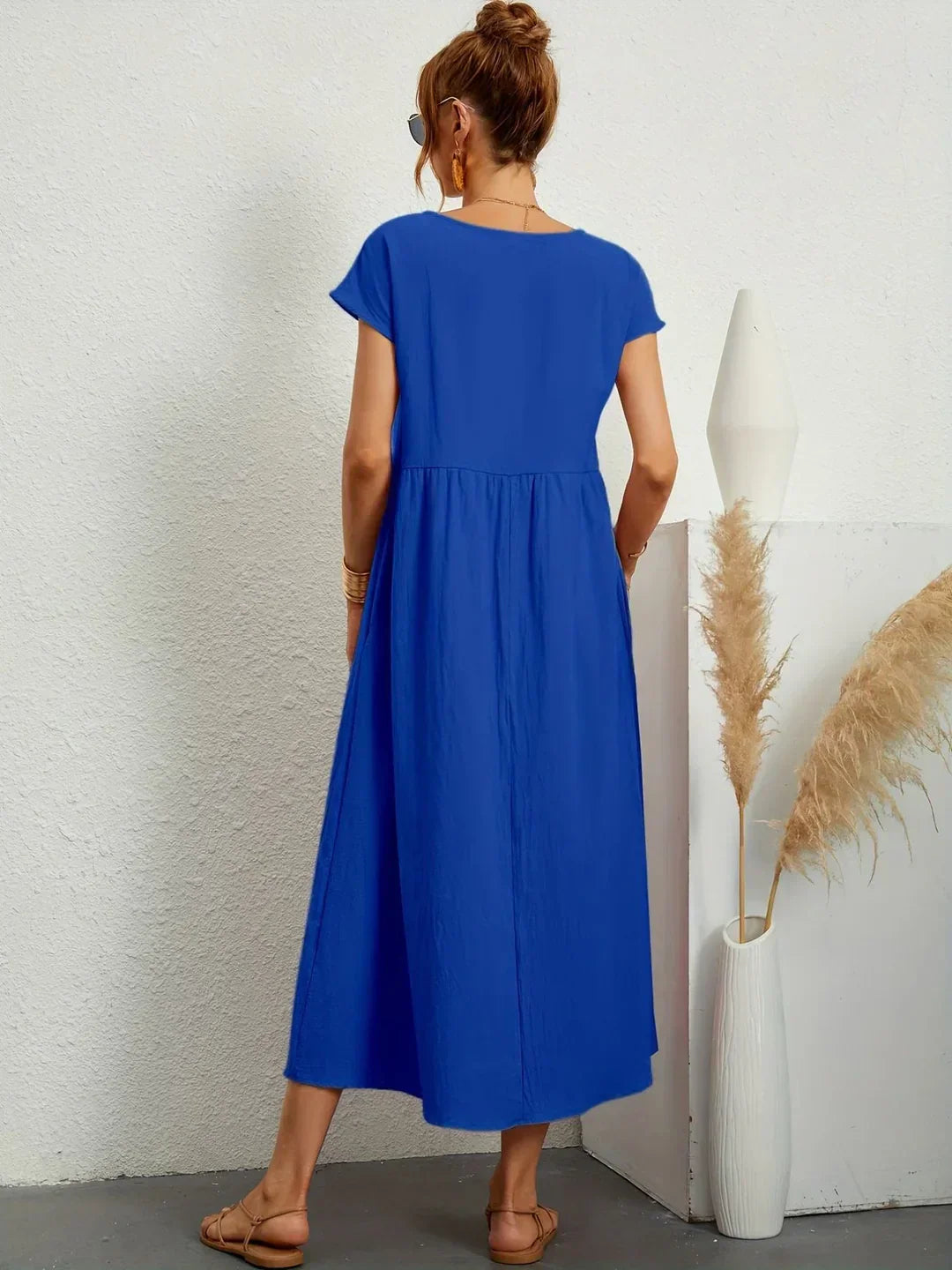 Gathered Round Short Loose Solid Midi Dress