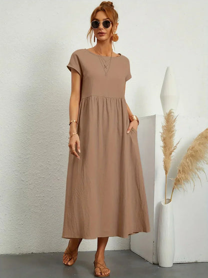 Gathered Round Short Loose Solid Midi Dress