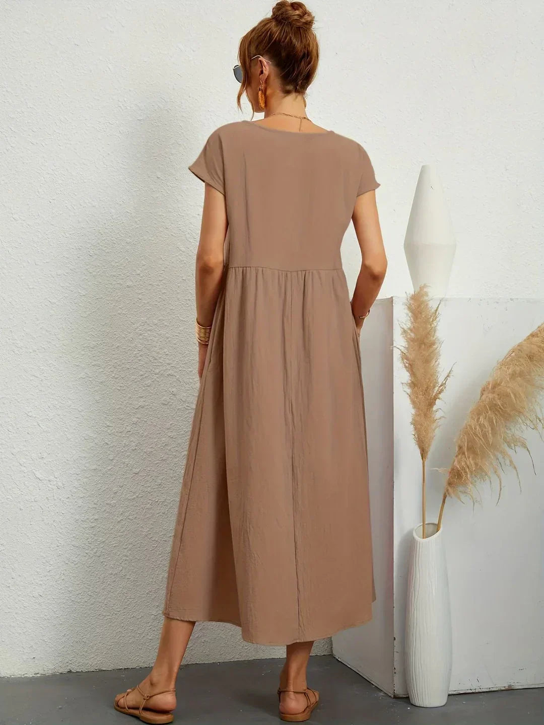 Gathered Round Short Loose Solid Midi Dress