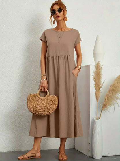 Gathered Round Short Loose Solid Midi Dress
