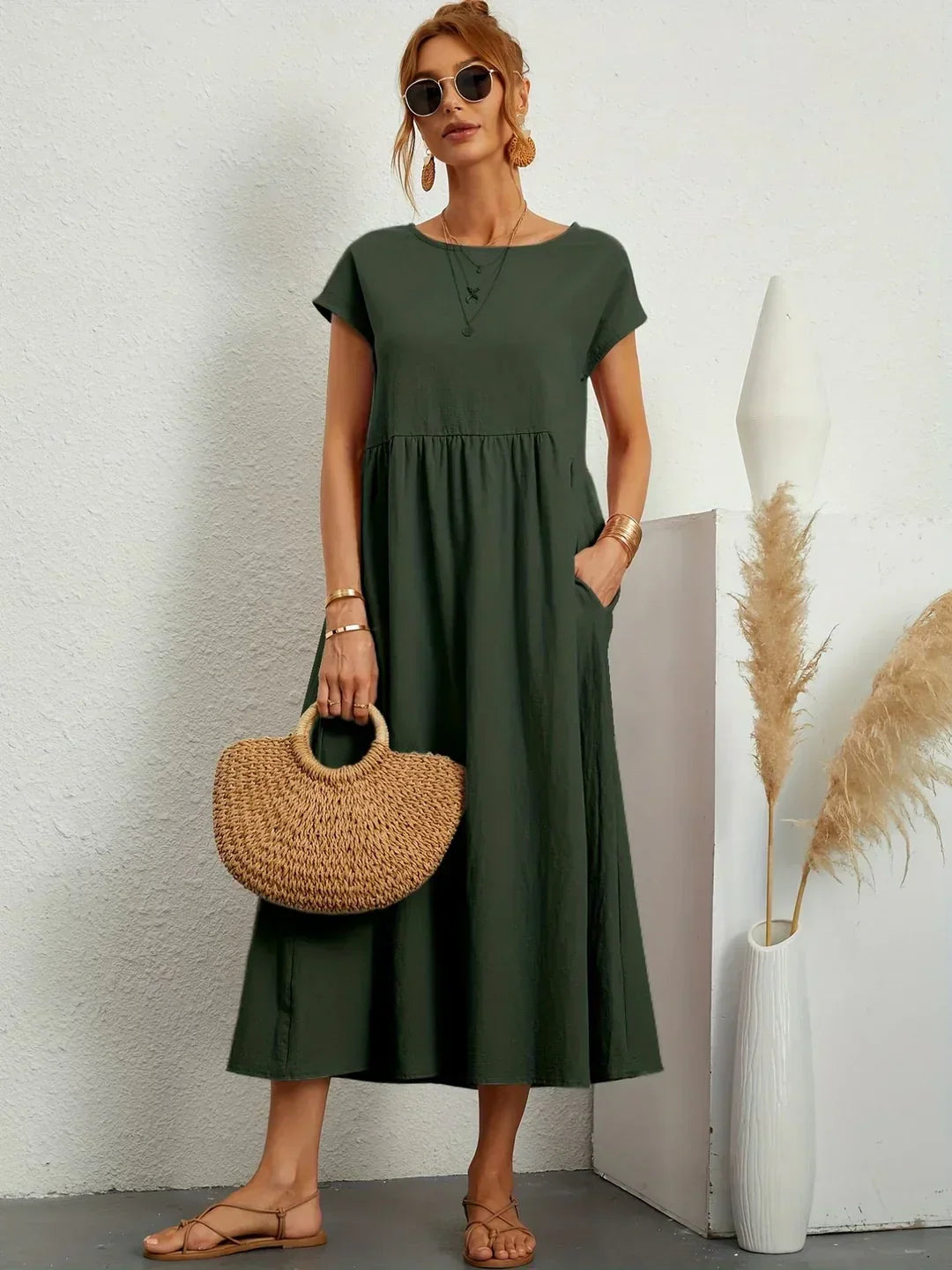 Gathered Round Short Loose Solid Midi Dress