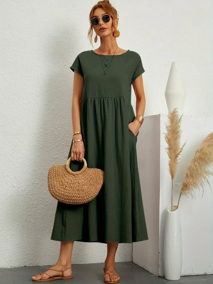 Gathered Round Short Loose Solid Midi Dress