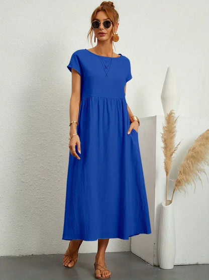 Gathered Round Short Loose Solid Midi Dress