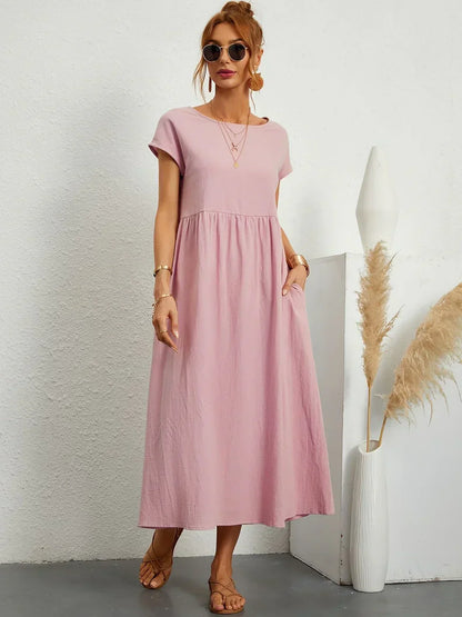 Gathered Round Short Loose Solid Midi Dress