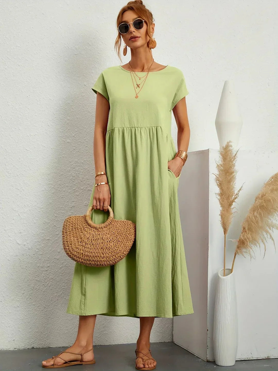Gathered Round Short Loose Solid Midi Dress