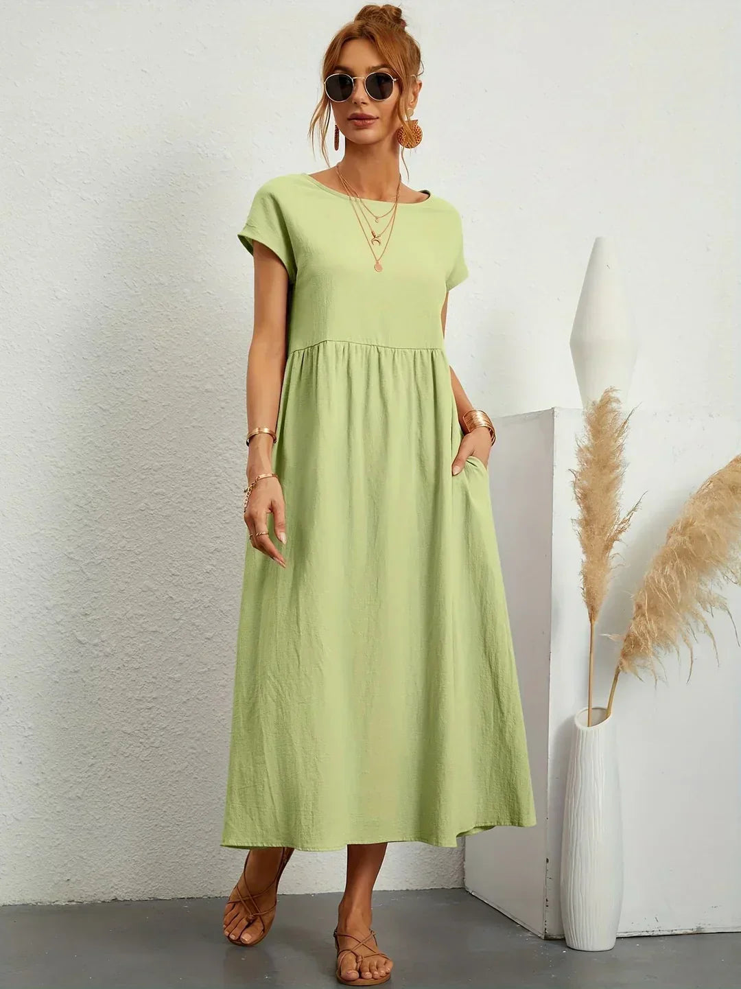 Gathered Round Short Loose Solid Midi Dress