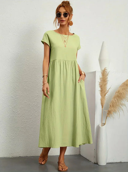 Gathered Round Short Loose Solid Midi Dress