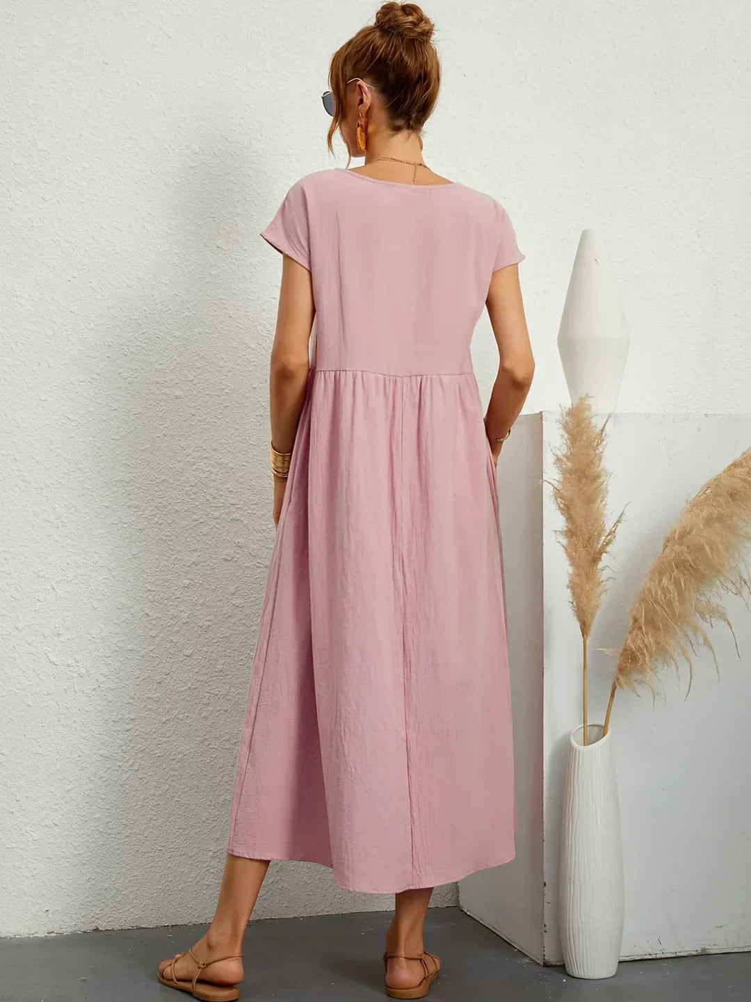 Gathered Round Short Loose Solid Midi Dress