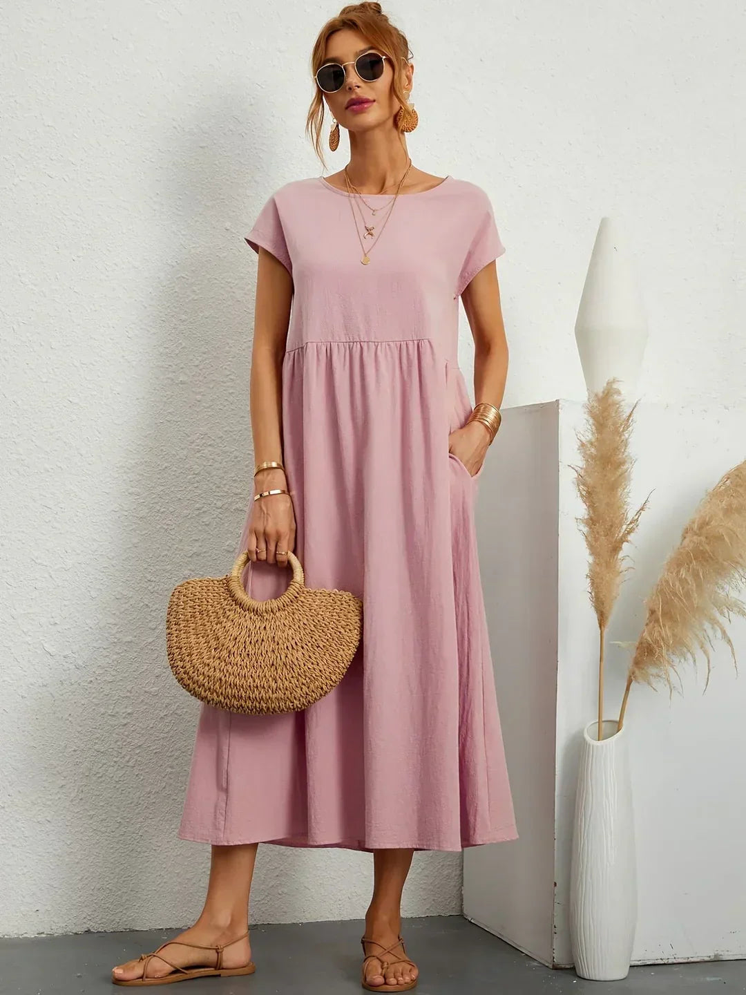 Gathered Round Short Loose Solid Midi Dress