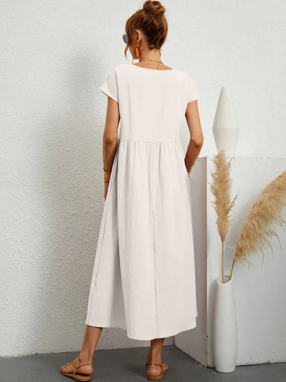 Gathered Round Short Loose Solid Midi Dress