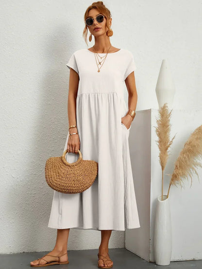 Gathered Round Short Loose Solid Midi Dress