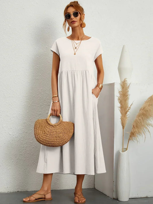 Gathered Round Short Loose Solid Midi Dress