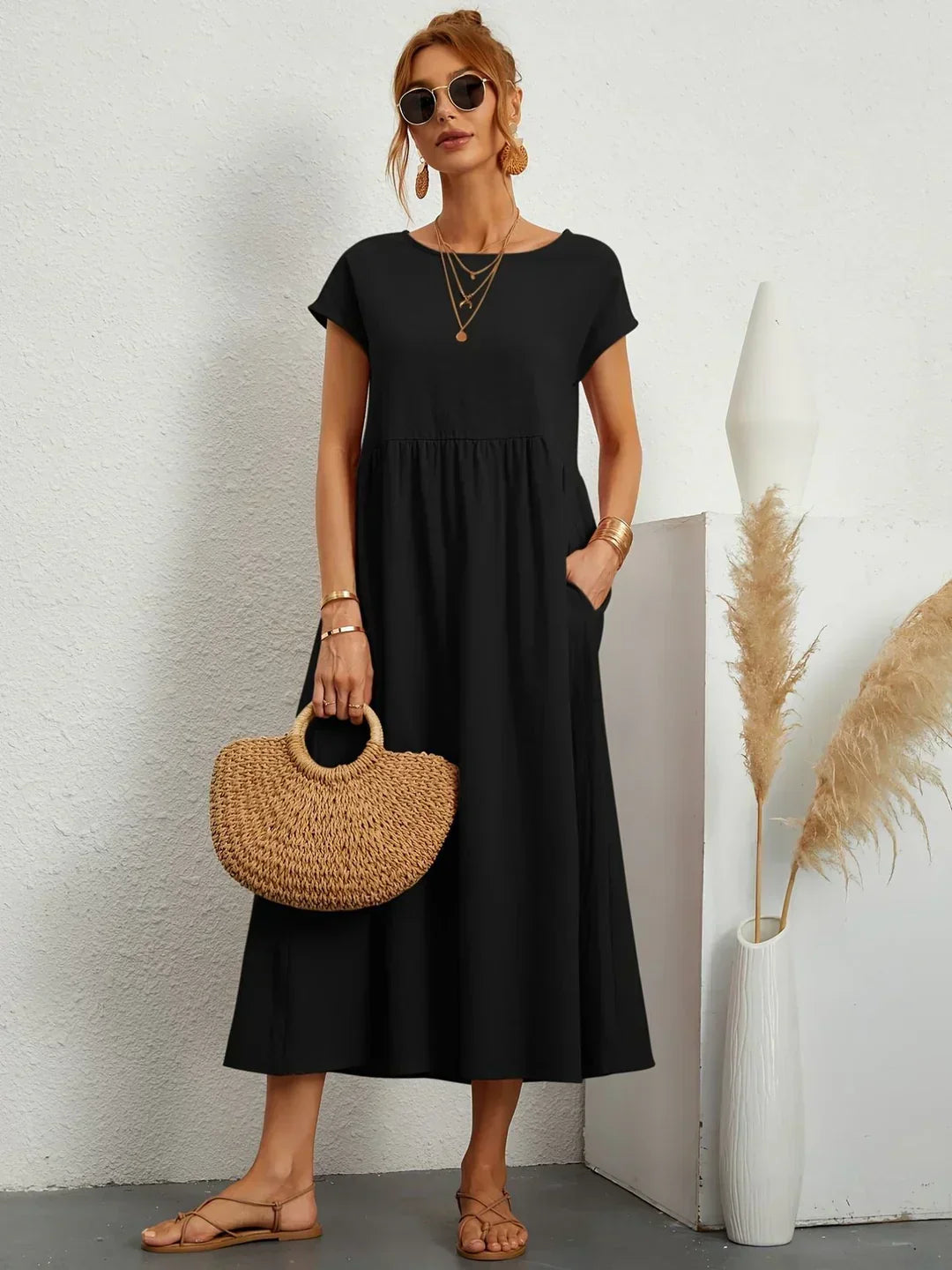 Gathered Round Short Loose Solid Midi Dress