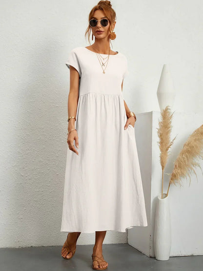 Gathered Round Short Loose Solid Midi Dress
