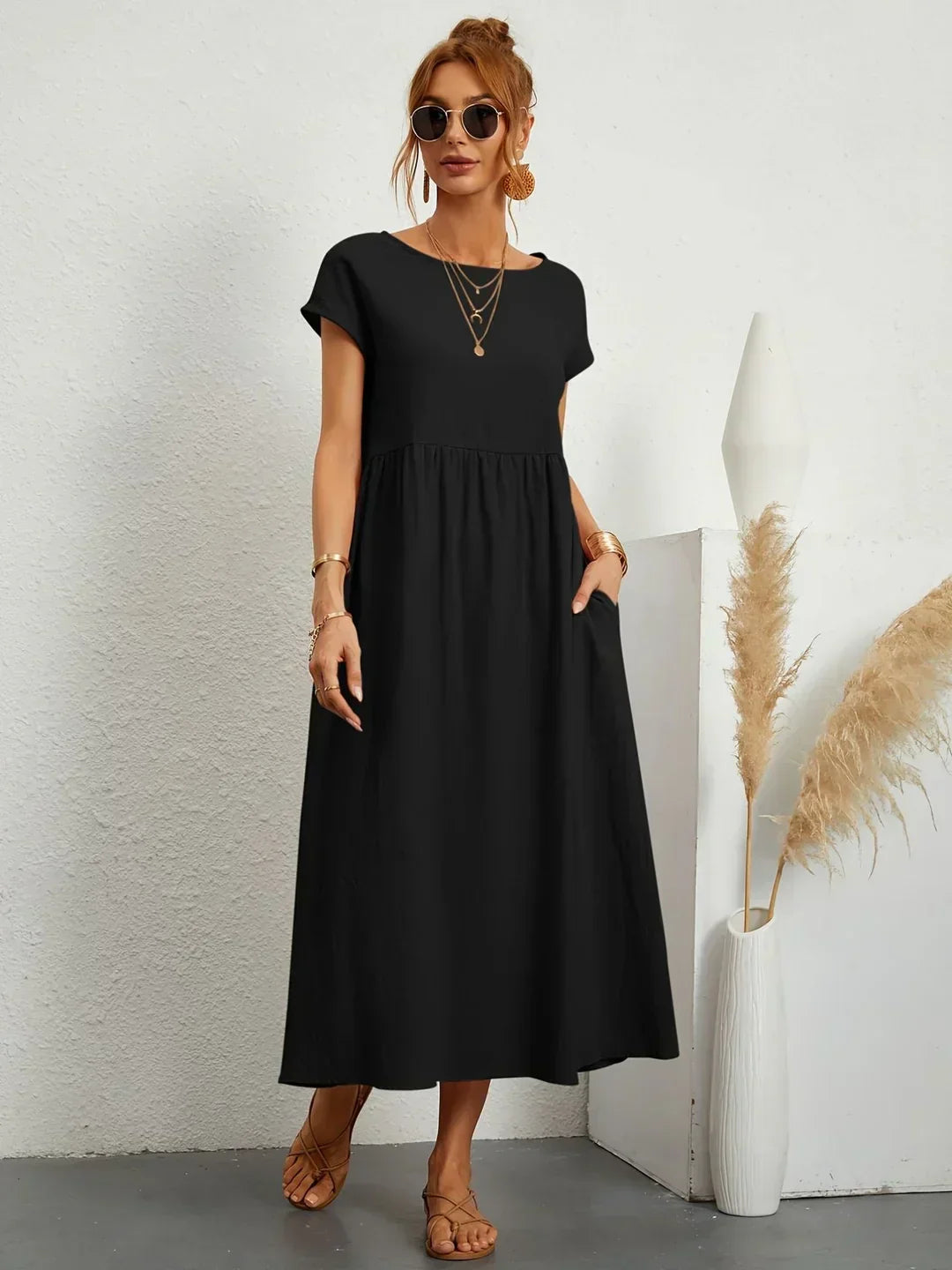 Gathered Round Short Loose Solid Midi Dress