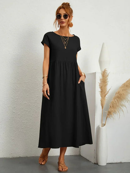 Gathered Round Short Loose Solid Midi Dress