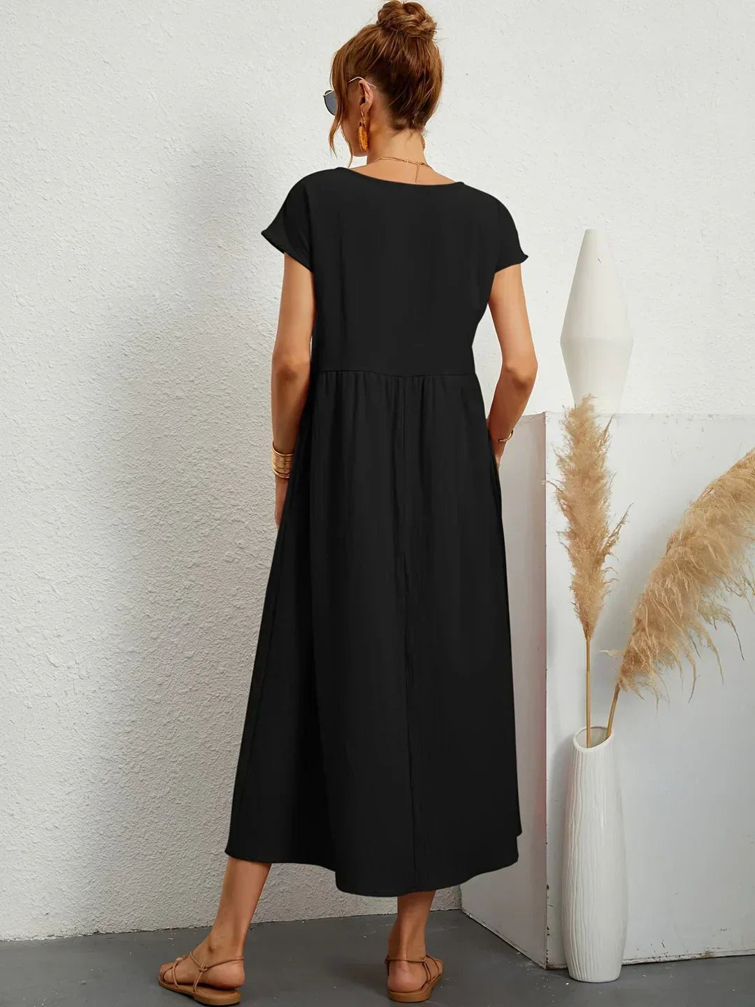 Gathered Round Short Loose Solid Midi Dress