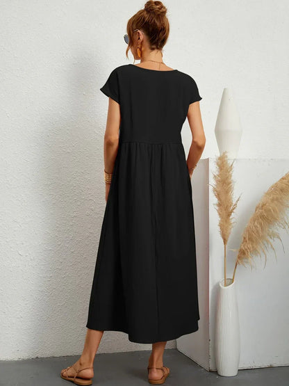 Gathered Round Short Loose Solid Midi Dress