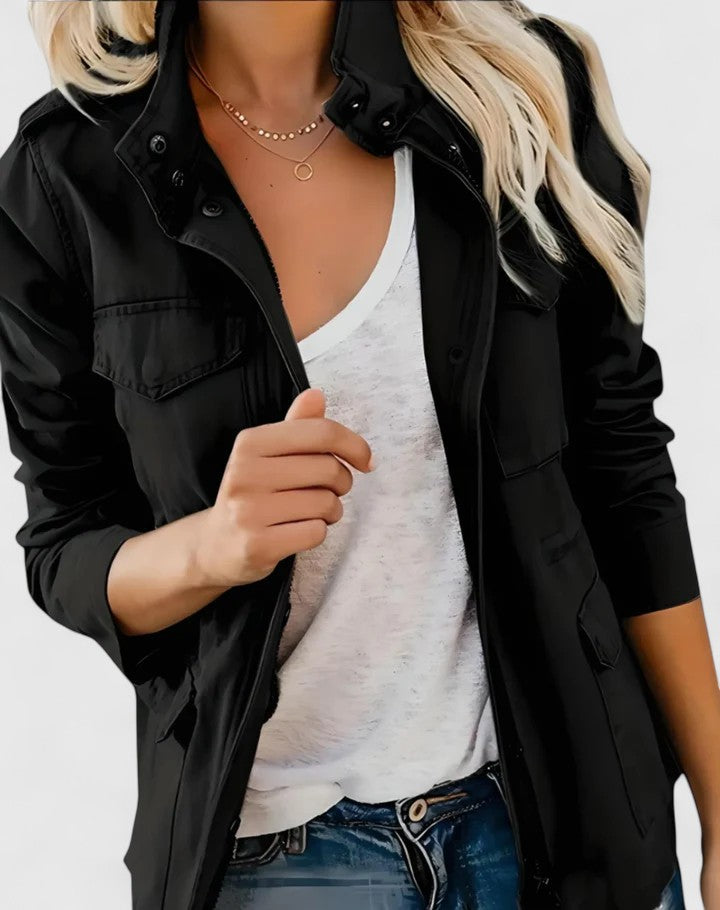 Collared Zippered Pocketed Gathered Cuffed Long Jacket