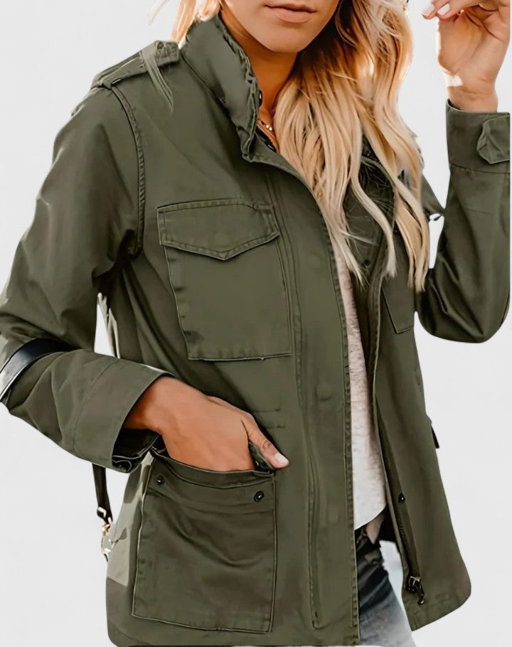 Collared Zippered Pocketed Gathered Cuffed Long Jacket