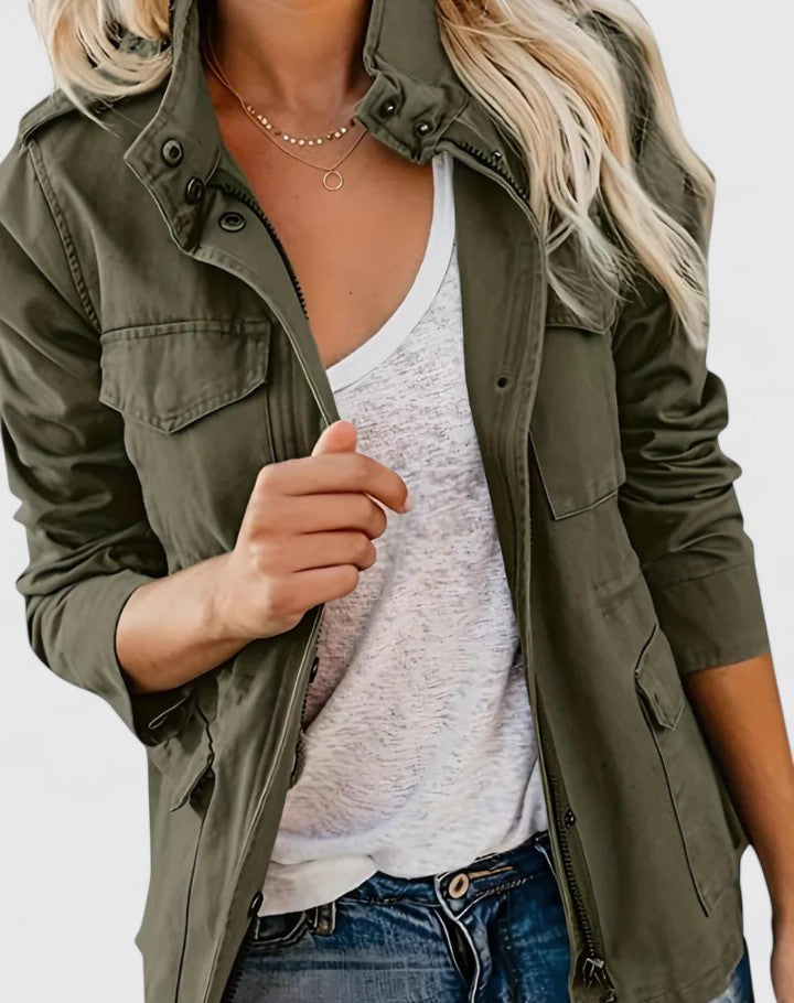 Collared Zippered Pocketed Gathered Cuffed Long Jacket