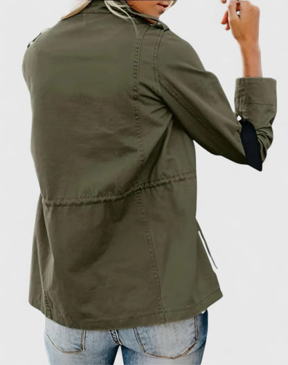 Collared Zippered Pocketed Gathered Cuffed Long Jacket