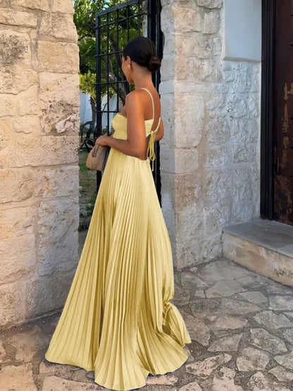 Halter Neck Cut Out High Waist Pleated Maxi Dress