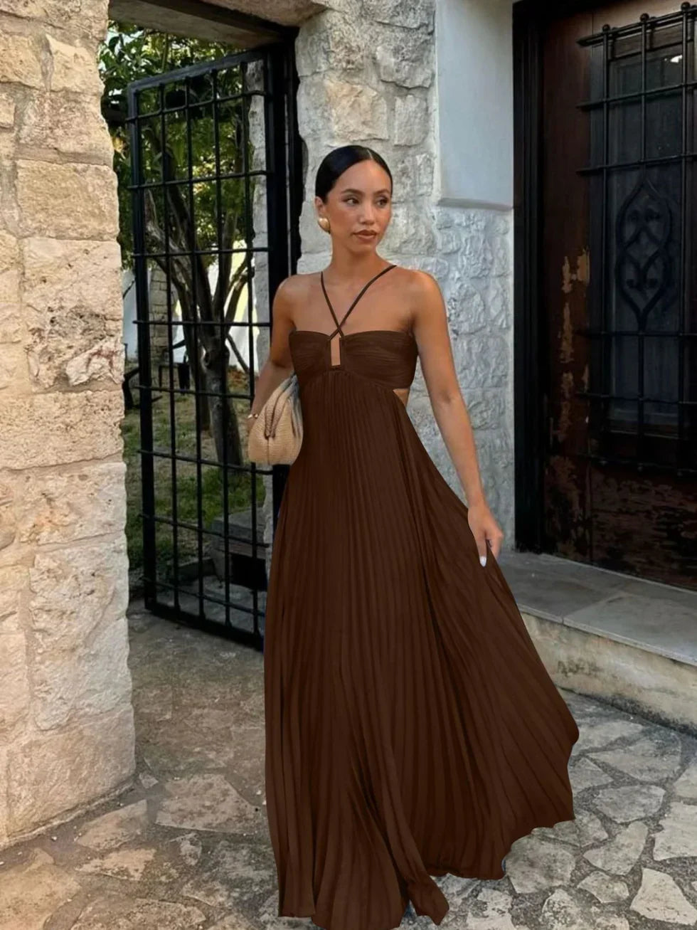 Halter Neck Cut Out High Waist Pleated Maxi Dress