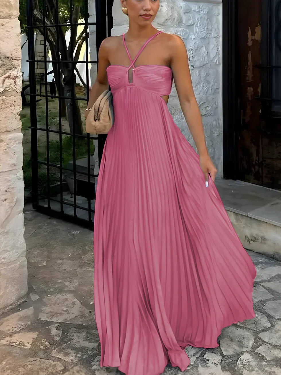 Halter Neck Cut Out High Waist Pleated Maxi Dress