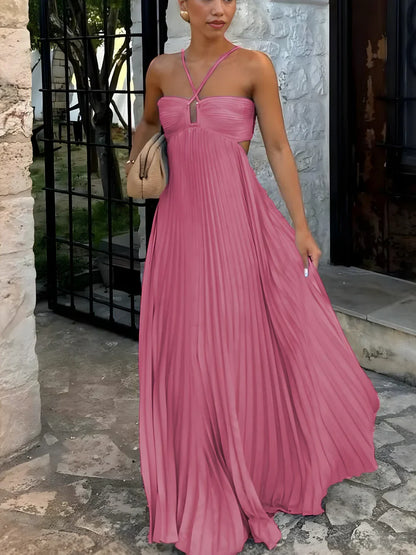 Halter Neck Cut Out High Waist Pleated Maxi Dress