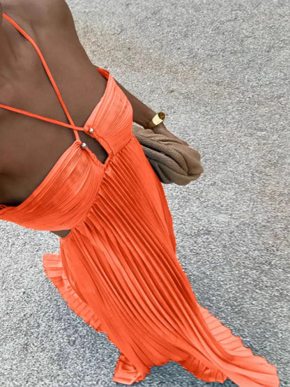 Halter Neck Cut Out High Waist Pleated Maxi Dress