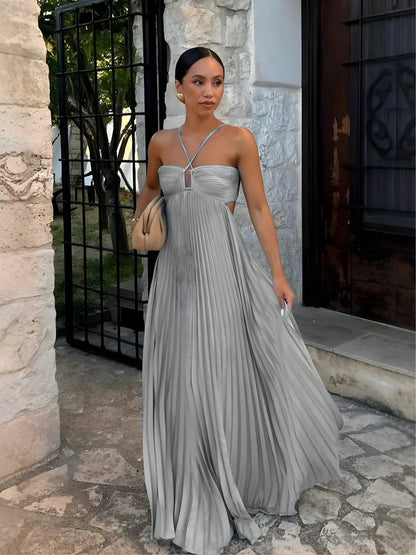 Halter Neck Cut Out High Waist Pleated Maxi Dress