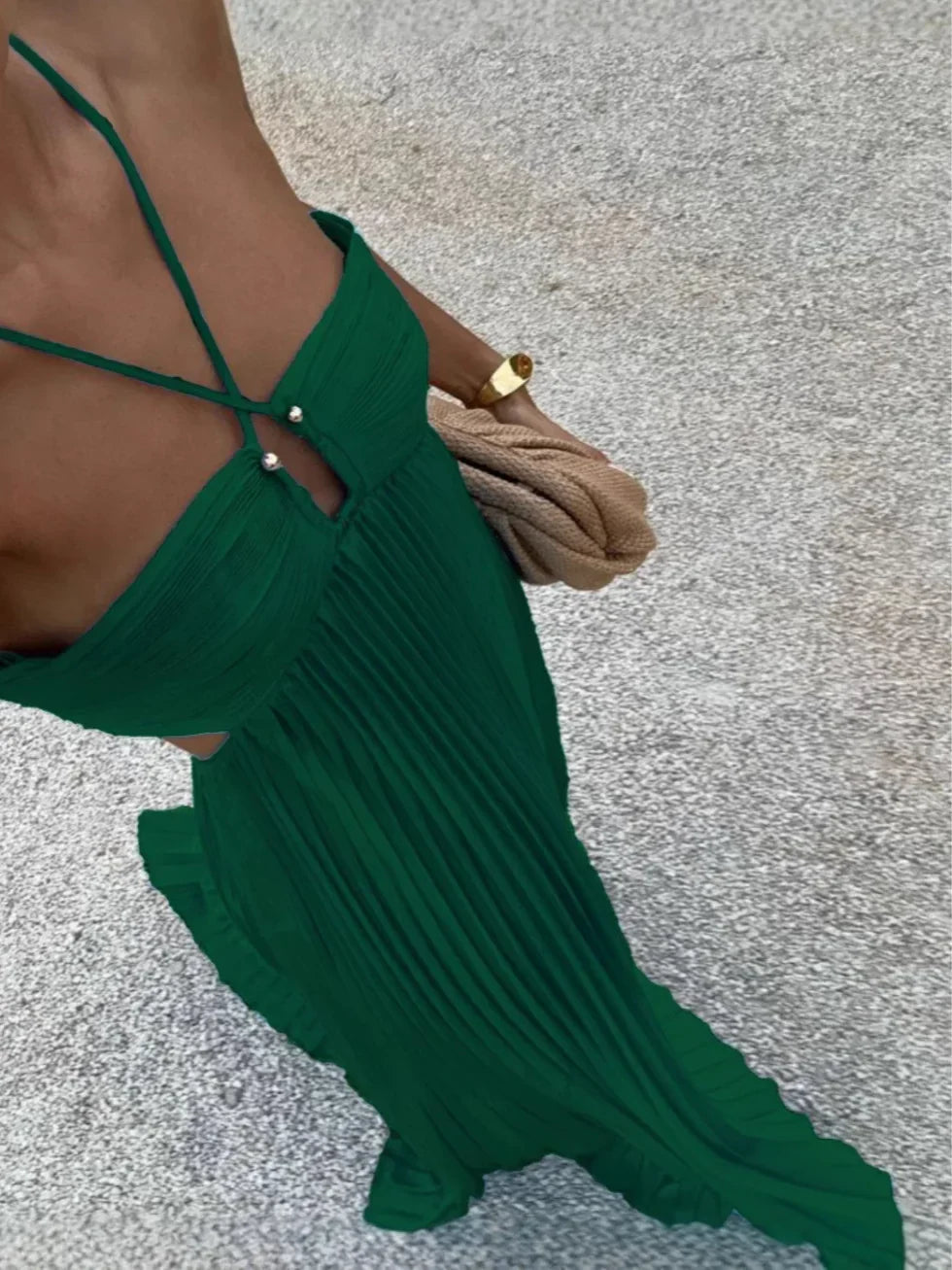 Halter Neck Cut Out High Waist Pleated Maxi Dress