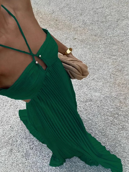 Halter Neck Cut Out High Waist Pleated Maxi Dress