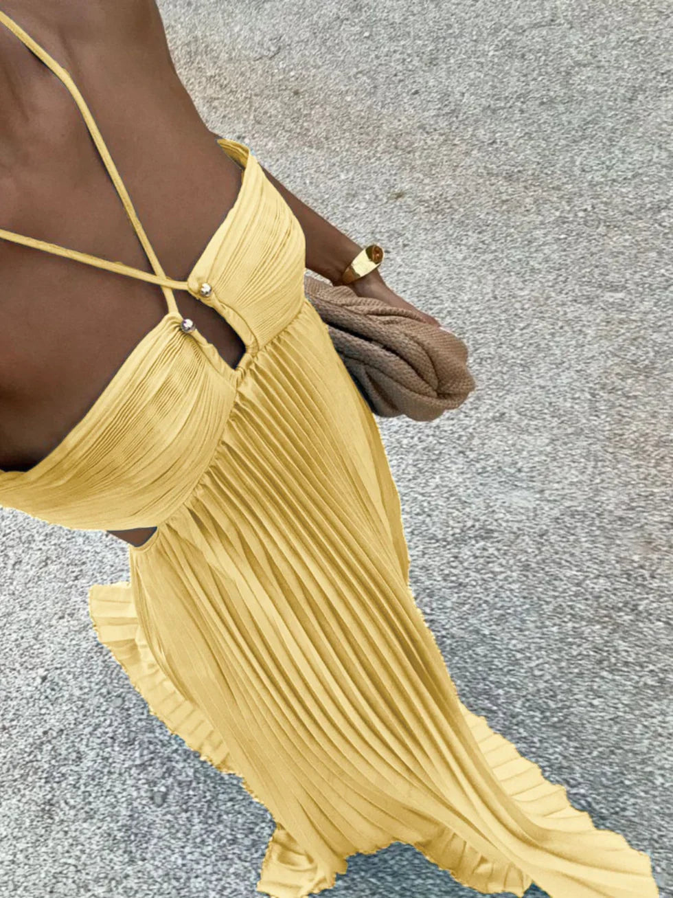 Halter Neck Cut Out High Waist Pleated Maxi Dress