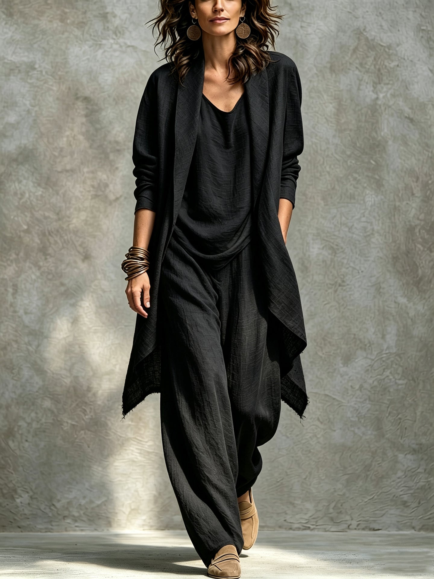 Women's Draped Open Front Duster Jacket, Cami Top & Wide Leg Pants Set