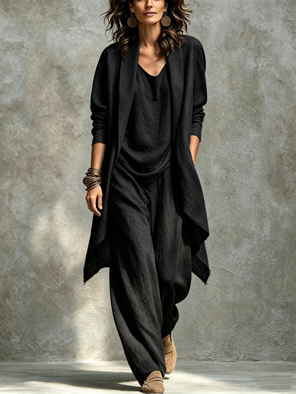 Women's Draped Open Front Duster Jacket, Cami Top & Wide Leg Pants Set