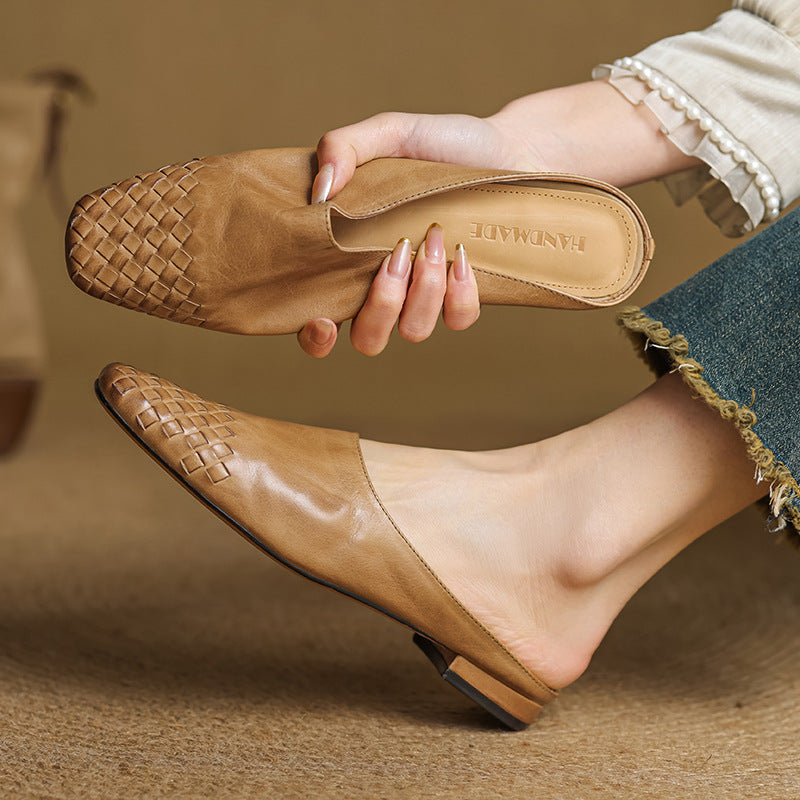 Square Toe Slip On Low Heel Mule Sandals